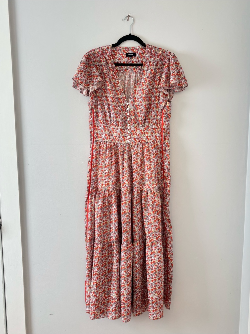 ME + EM Ditsy Floral Tea Dress Midi Flutter Short Sleeves V-Neck Printed Red